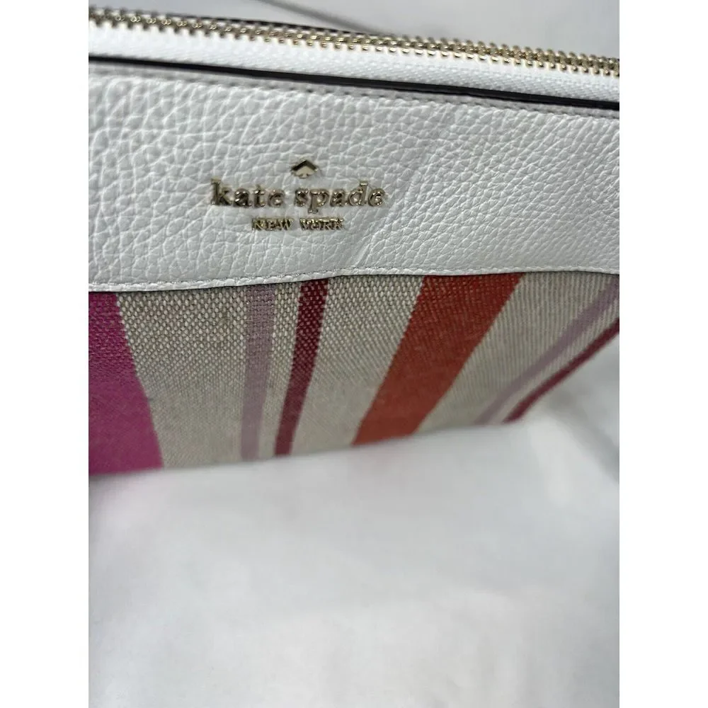 Kate Spade Leila Triple‎ Gusset Canvas Leather Crossbody Pink White Stripe SMALL